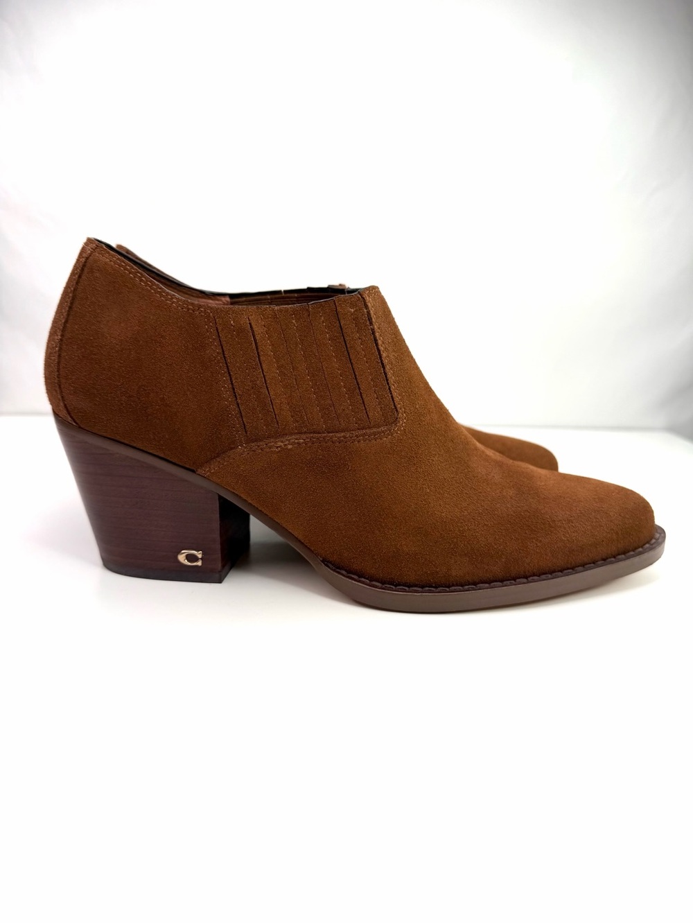 Coach Perri Tan Suede Low Block Heel Booties